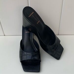 Black Suede Studio Black Croc-Embossed Wedge Slides